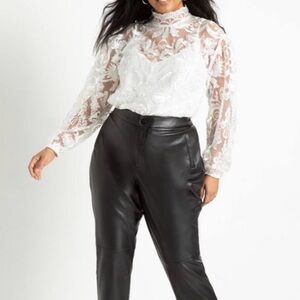 Retta x Eloquii White Lace Floral Long Sleeve Mock Neck Sheer Blouse